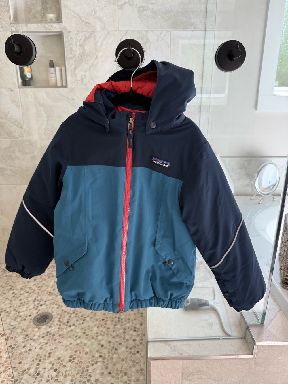 Patagonia Kids Navy and Teal Hooded Puffer with Red Zip